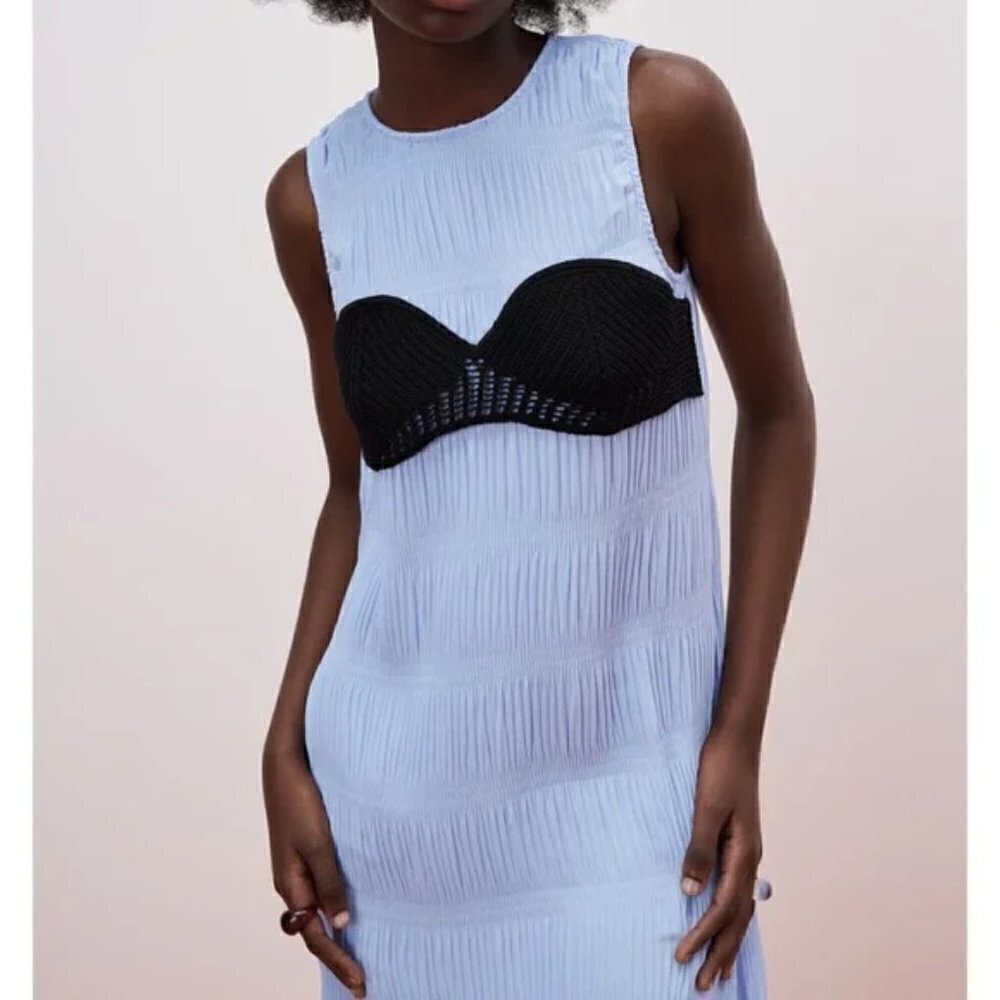 Zara Pleated Crocheted Grecian Crinkle Flowy Maxi Dress NWT Size Small - Picture 9 of 16